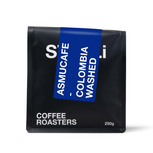 A blck 250 gram bag of coffee with white text.
