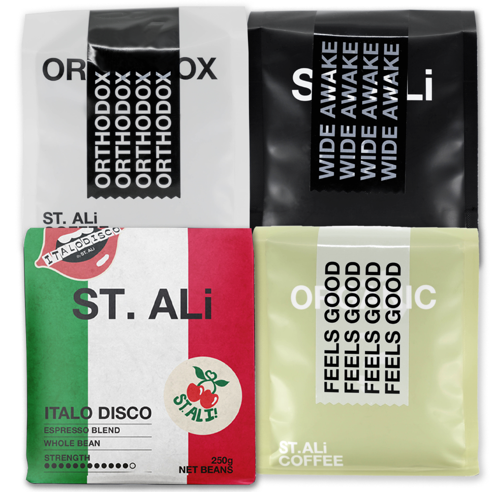 A selection of 4 individual coffee blends. In order of Orthodox, Wideawake, Italian Disco & Organic Blends. All in 250 gram bags.