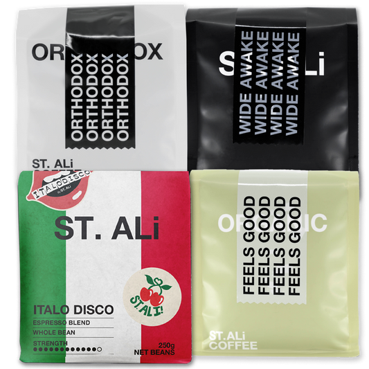 A selection of 4 individual coffee blends. In order of Orthodox, Wideawake, Italian Disco & Organic Blends. All in 250 gram bags.